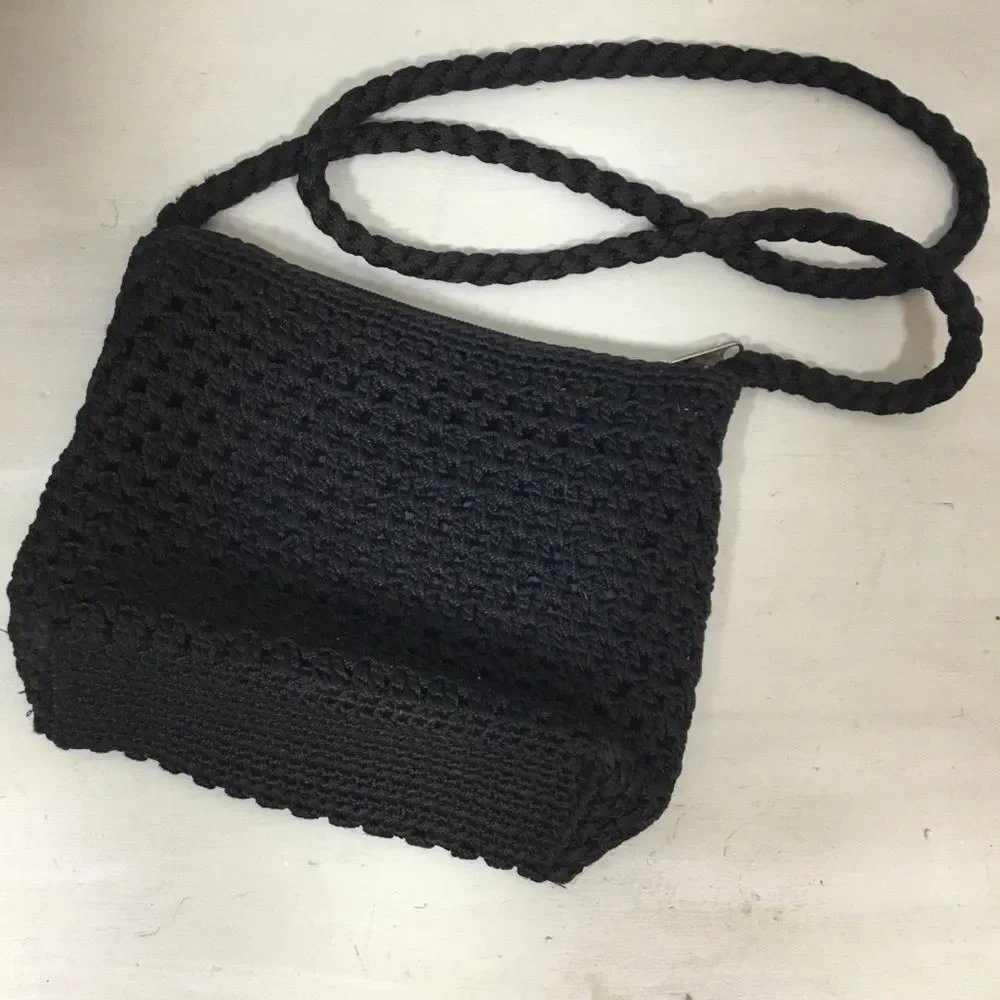 Lina black crochet crossbody or shoulder bag with plaited strap and pockets